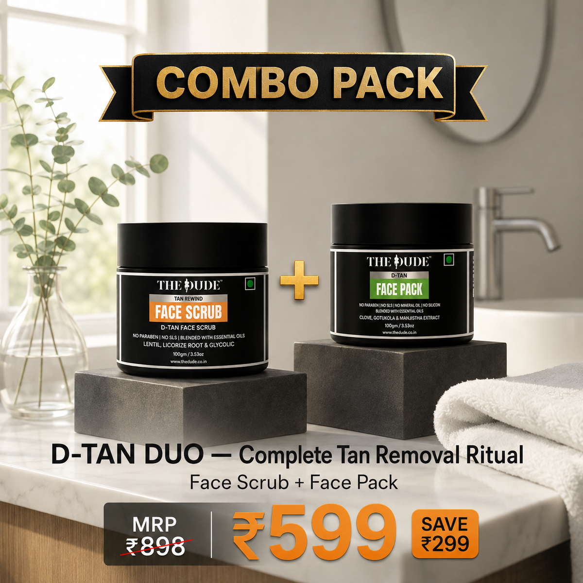 THE DUDE D-Tan Combo Kit for Men | Face Scrub + Face Pack | Papaya, Gotu Kola, Manjistha & Clove | Complete Tan Removal Ritual for Bright, Clear Skin