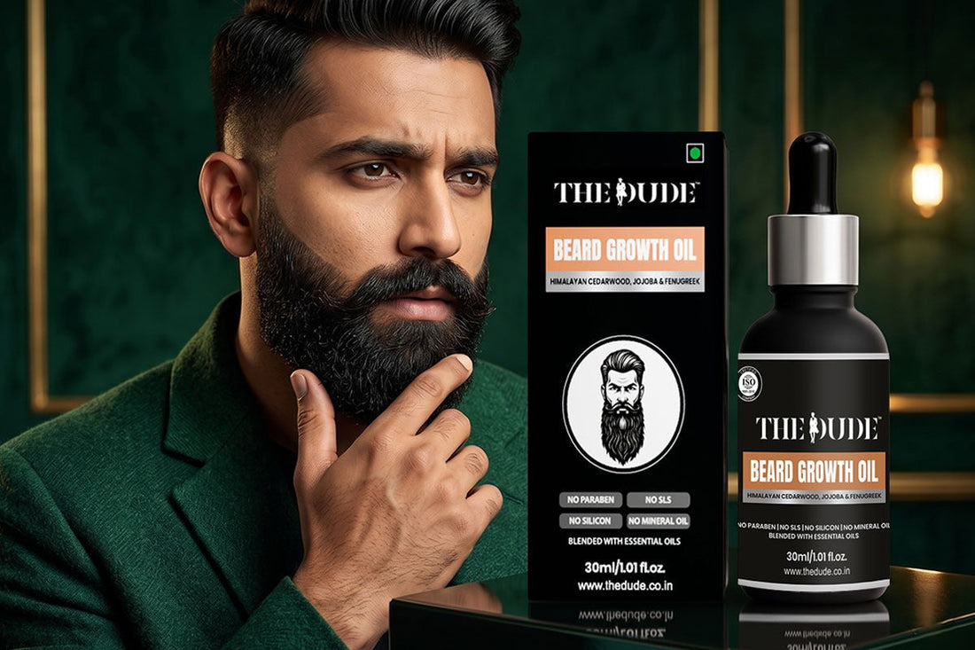 The Dude Beard Growth Oil with a bearded man promoting beard care and grooming.