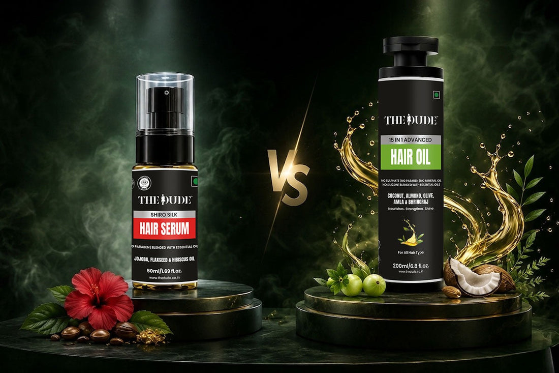 Hair serum vs hair oil comparison banner with The Dude products.