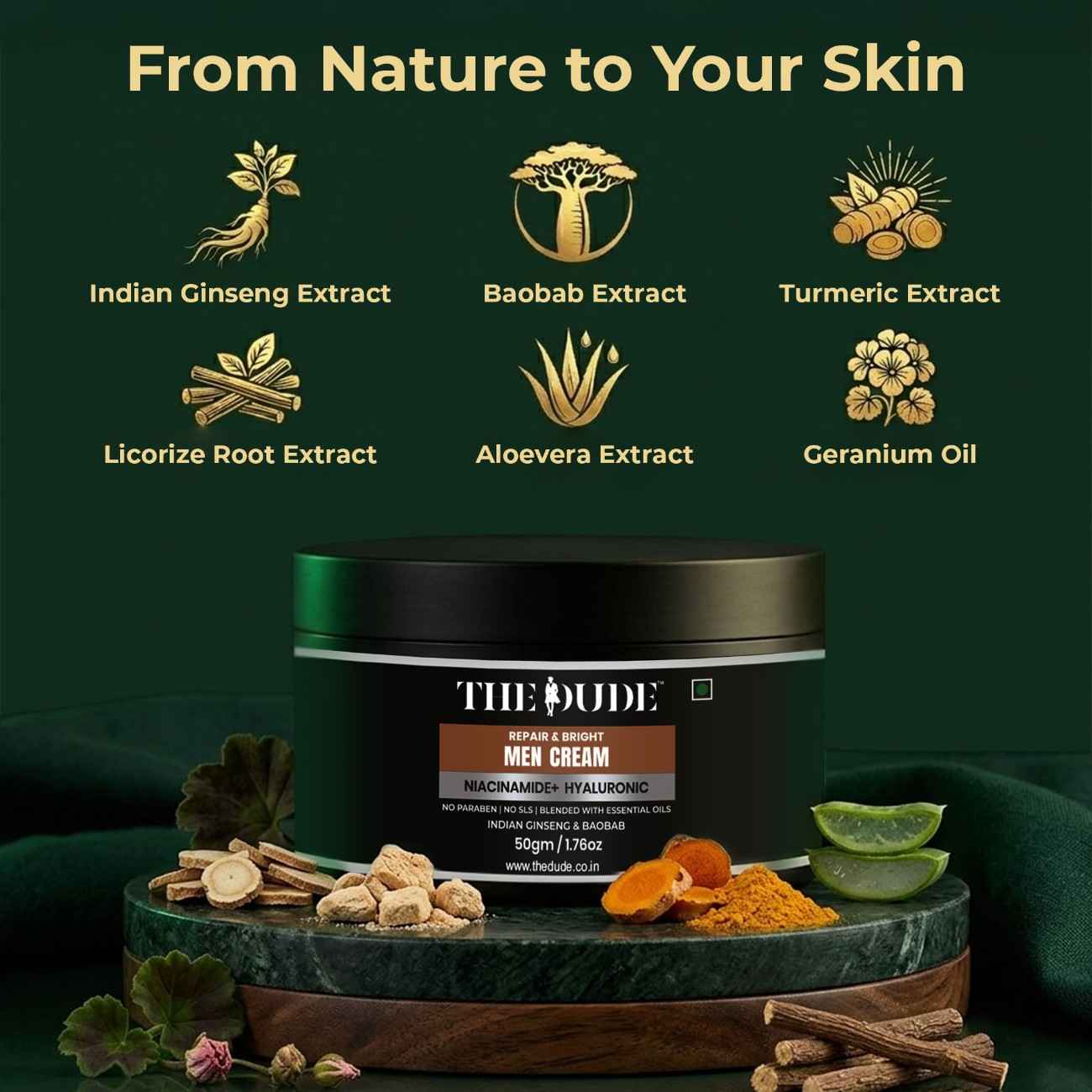 THE DUDE Face Cream for Men | Niacinamide + Hyaluronic Acid | Skin Repair & Brightening – 50 gm