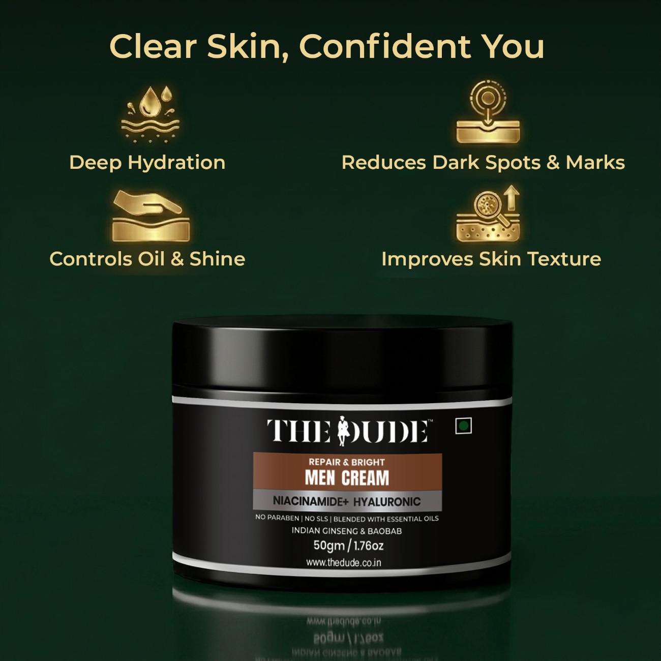THE DUDE Face Cream for Men | Niacinamide + Hyaluronic Acid | Skin Repair & Brightening – 50 gm