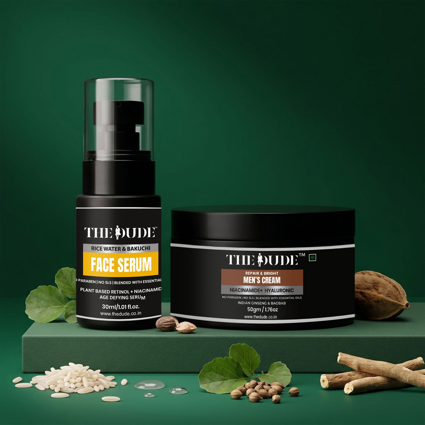 THE DUDE Advanced Bright & Repair Skincare Combo | Men Cream + Rice Water & Bakuchi Face Serum for Hydration, Glow & Skin Repair
