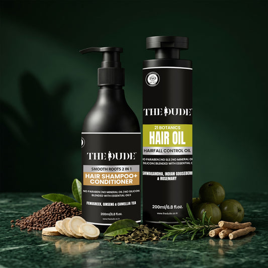 THE DUDE Smooth Roots Hair Strengthening Combo | 21 Botanics Hairfall Control Oil & 2 in 1 Shampoo Conditioner for Strong, Healthy & Smooth Hair