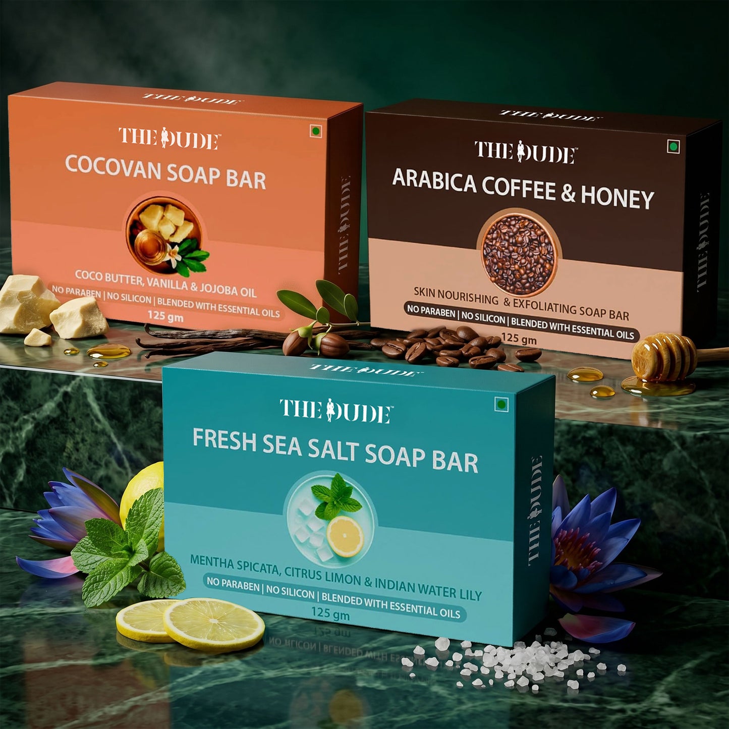 THE DUDE Men’s Grooming Soap Bar Set | Cocovan, Fresh Sea Salt & Skin Nourishing & Exfoliating Soap Bar - 125gm (Pack of 3)