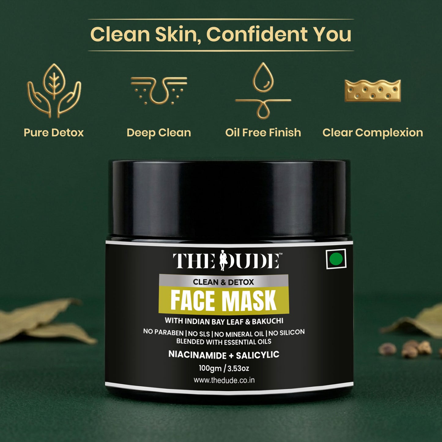THE DUDE Clean Detox Face Mask for Men - 100 gm | Bakuchi Indian Bay Leaf | Deep Pore Cleansing | Helps Reduce Acne & Oil