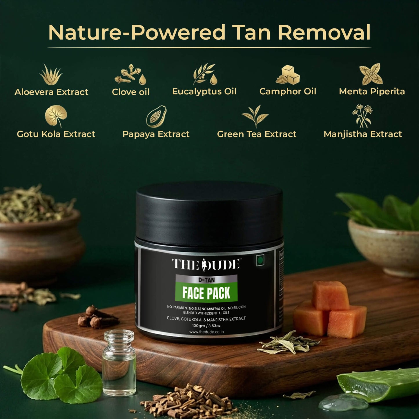 THE DUDE D-Tan Face Pack for Men - 100 gm | Clove, Gotu Kola & Manjistha | Removes Tan & Dullness | Brightens & Clears Skin