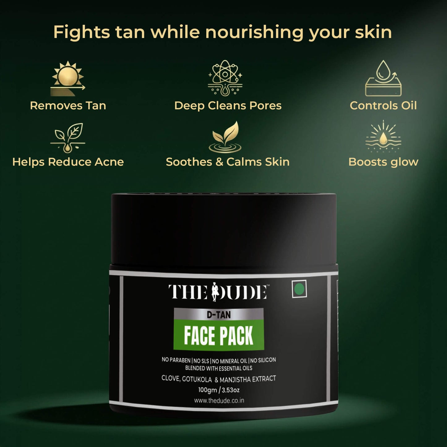 THE DUDE D-Tan Face Pack for Men - 100 gm | Clove, Gotu Kola & Manjistha | Removes Tan & Dullness | Brightens & Clears Skin