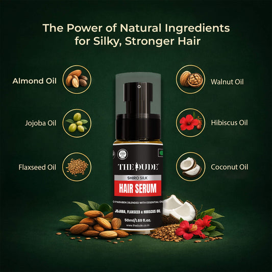 THE DUDE Shiro Silk Hair Serum for Men - 50 ml | Jojoba, Flaxseed & Hibiscus | Controls Frizz & Flyaways | Adds Shine & Smoothness to Dry Dull Hair